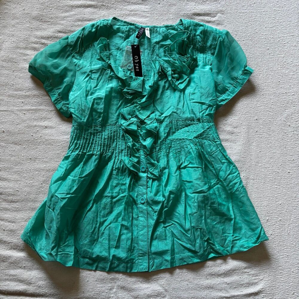 Y2K Silk Blend Black Ruffled Short Sleeve Button-Up